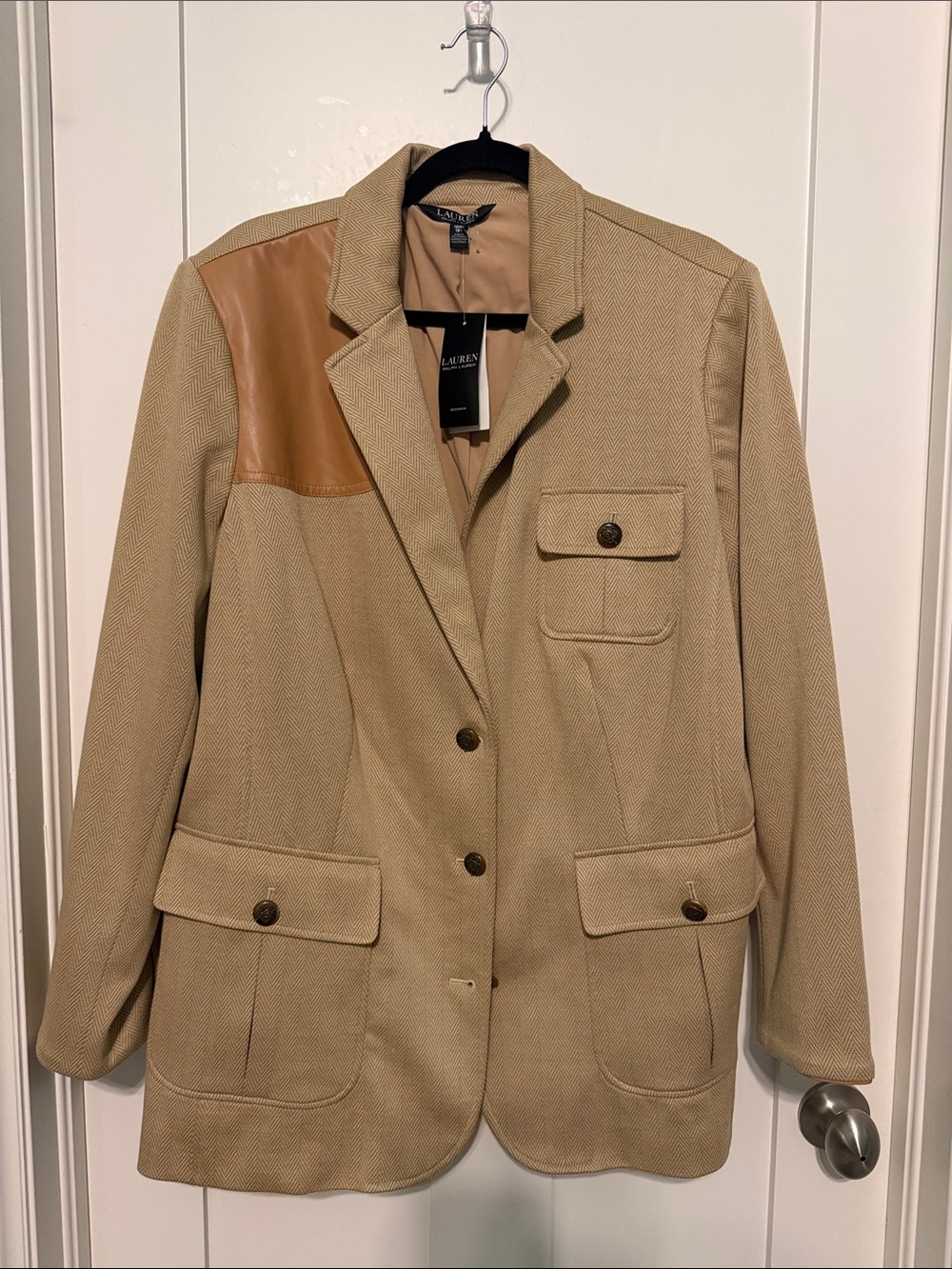 Lauren Ralph Lauren Tan Herringbone Blazer w/ Brown Faux Leather Shoulder Panel